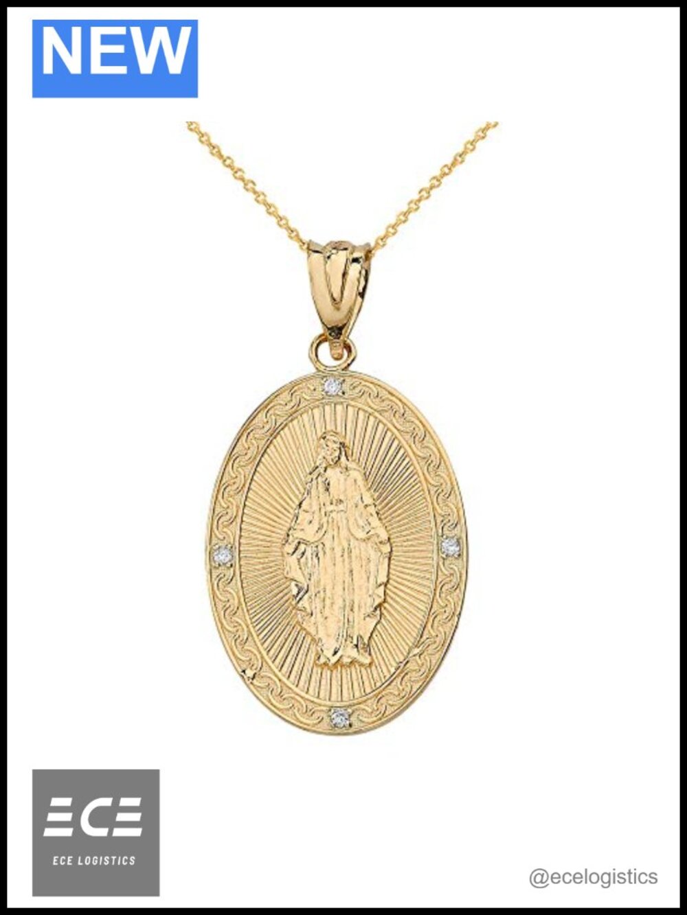 14K Yellow Gold Blessed Virgin Mary Miraculous Oval Medal Diamond Necklace